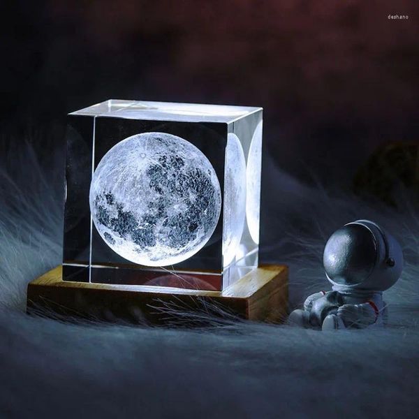 Figuras decorativas 3D Moon Square Crystal Ball Galaxy Planetas Espacios Sistema solar Sistema solar Bolas LED Night Light Decoración del hogar