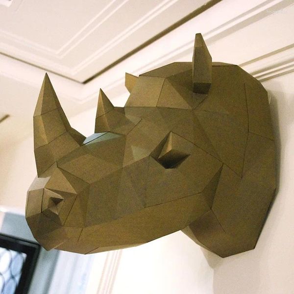 Figuras decorativas Modelo de papel 3D Rinoceronte Cabeza de rinoceronte Papercraft Animal Decoración del hogar Decoración de la pared Rompecabezas Juguetes educativos DIY Regalo para