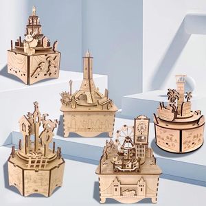 Decoratieve beeldjes 3d puzzel houten muziekdoos doe -het -zelf -assembleren model creatief gebouw voor volwassen kinderen kinderen cadeaubriek decoratie