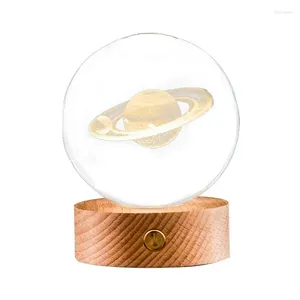 Figurines décoratives système solaire 3D, boule de cristal, lampe planète transparente avec Base en bois, décor spatial de 2,36 pouces pour les amateurs d'astronomie