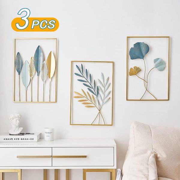 Figuritas decorativas, 3 uds., repisa de pared moderna, decoración nórdica para el hogar, pegatinas de Metal dorado, macramé, accesorios para sala de colgar