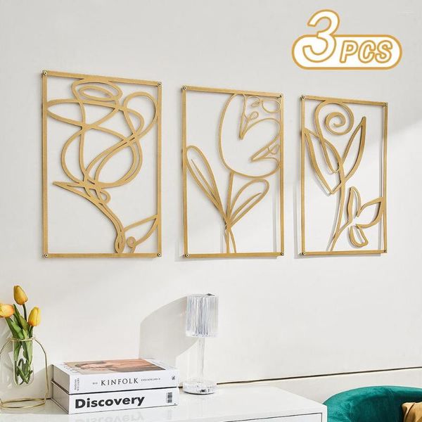 Figuritas decorativas, 3 uds., decoración de pared nórdica para el hogar, pegatinas de Metal dorado, repisa de flores abstractas de lujo, accesorios para el salón, regalo