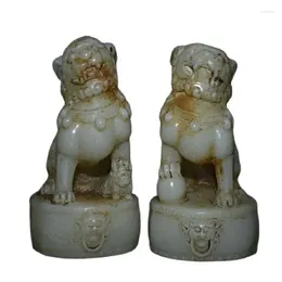 Figurines décoratives 4.6 ", Jade Hetian blanc sculpté, Fengshui, Animal Fu Lions, richesse, paire de statues Bixie