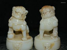 Figurines décoratives 4 ", Jade blanc naturel chinois Fengshui Foo Fu chien garde Lion paire Statue