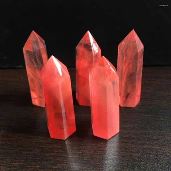 Figuras Decorativas 40-50MM Fundición Roja Punto de Cristal de Cuarzo Curación Obelisco Varita Hexagonal Reiki Pulido Manual Feng Shui Natural