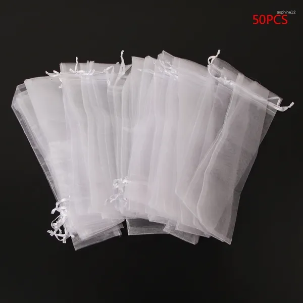 Figuras decorativas 50 PCS White Drawstring Organza Plegable Fan Fan Bolsas de regalo de bodas