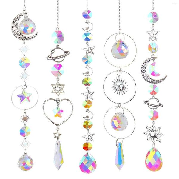 Figuras decorativas 5 unids/set Crystal Suncatcher Prism Beads para ventana Fácil de instalar Adorno colgante Colgante Jardín Luna Estrella Regalo Hogar