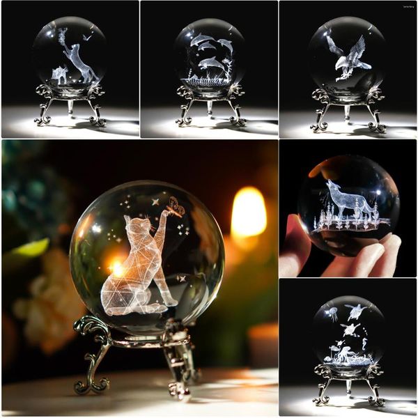 Figuras decorativas Bola de cristal 3D de 60 mm, adornos de vidrio grabados con láser, figuras de animales coleccionables, pisapapeles, decoración artística para el hogar con soporte