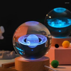 Figurines décoratives 6cm 3D Crystal Ball Planet Night Light Laser Gravure Solaire Système Globe Astronomie Birthday Gift Space Home