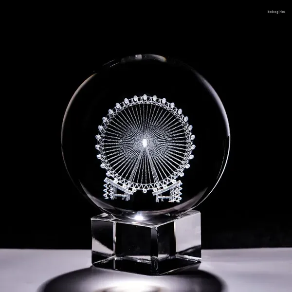 Figurines décoratives 6 cm cristal 3D gravé au laser boule ornements sphère en verre de quartz grande roue modèle maison miniature cadeaux figurine