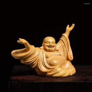 Decoratieve Beeldjes 6 cm Lachende Boeddha Maitreya Standbeelden Heilige Standbeeld Gelukkige Vreugde Houtsnijwerk Thuis Zen Kleine Muur Ornamenten Ambachtelijke Gift