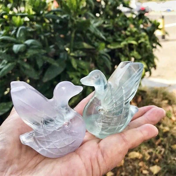 Figuras decorativas 6 cm Fluorita natural Cristal de cisne mini animal Tallado curativo Energía de piedra Decoración del hogar Regalo de cumpleaños 1 PCS