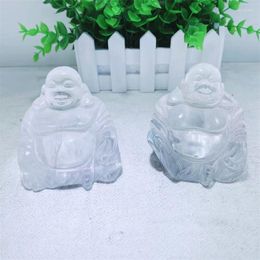 Figurines décoratives 7.5CM cristal de Quartz clair naturel Maitreya bouddha pierre sculptée Figurine artisanat chanceux Chakra guérison Reiki 1 pièces