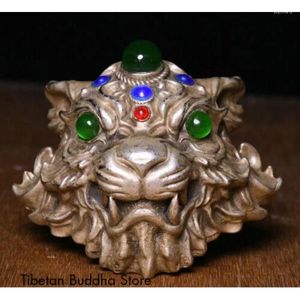 Figurines décoratives 7cm anciens anciens tibet miao argent incrustation verte jade feng shui tigre la tête statue