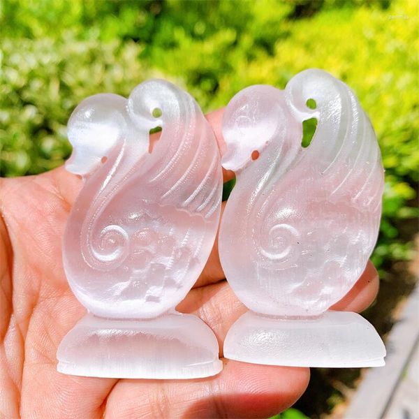 Figuras Decorativas 7 CM Cisne de selenita Natural Tallado Mini Estatua de Animal Curación Energía de la Suerte Piedras Preciosas Decoración del hogar Artesanía de Cristal Regalo