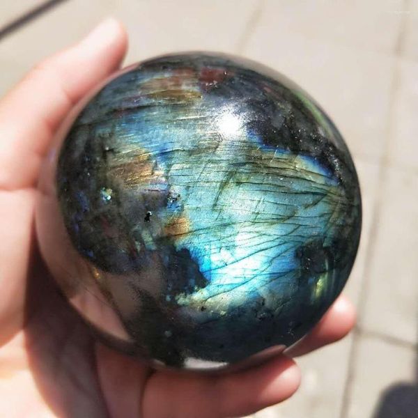 Figurines décoratives 80mm pierre naturelle Labradorite boule de cristal décoration de roche rugueux poli Quartz sphère guérison