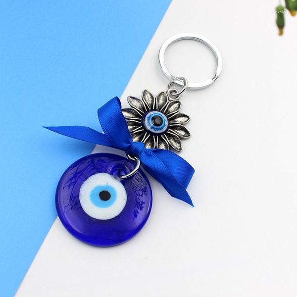 Figuritas decorativas 85AC azul turco mal de ojo llavero Bowknot flor llavero encanto ornamento para coche hombre mujer monedero bolso decoración