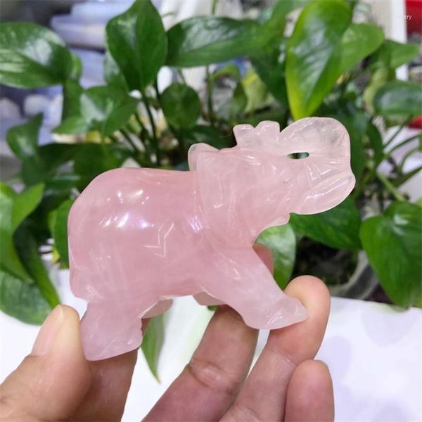 Estatuillas decorativas 8 cm Natural Rose Cuarzo Cristal Elefante Tallado a mano Animal Estatua Curación Reiki Piedras preciosas Artesanía para la decoración del hogar