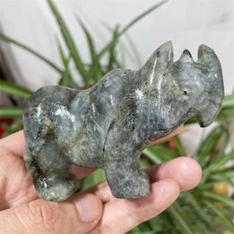 Figurines décoratives 9CM Labradorite naturelle rhinocéros cristal sculpture animale énergie de guérison pierre décoration de la maison cadeau d'anniversaire 1 pièce