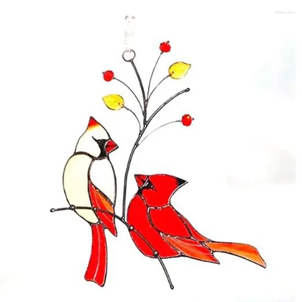 Figurines décoratives Une paire d'ornements de fenêtres de vitrage en vitrail d'oiseau rouge (deux oiseaux sur arbre)