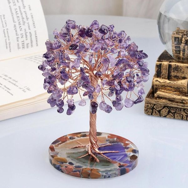 Figurines décoratives en améthyste, cristaux de guérison, fils d'arbre enveloppés sur une base en tranche d'agate naturelle, décoration en cristal pour la maison, le bureau et le salon