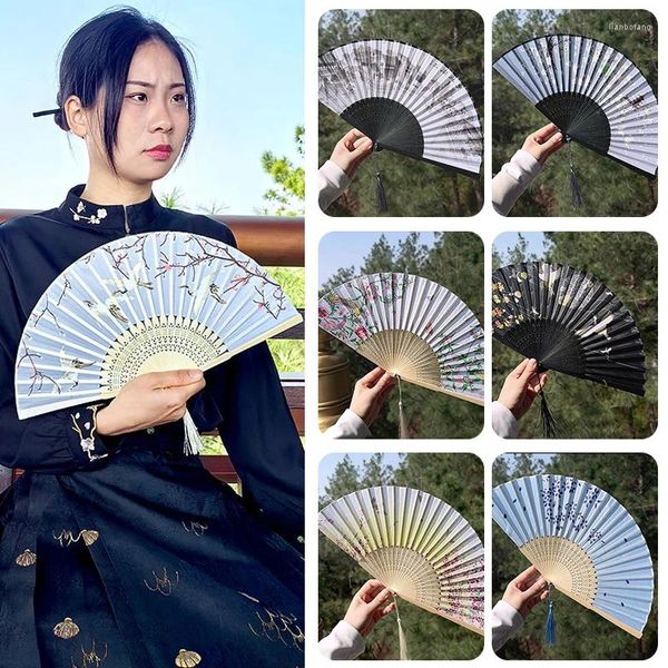 Figuras decorativas de estilo antiguo de tela de seda Bamboo Craft Fan plegable Plegado Japonés Elegante Mano Classical Dance Summer Portable