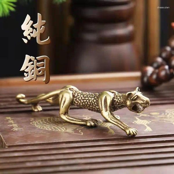 Figuras decorativas Adornos de cobre puro de bronce antiguo Cheetah Leopardo Licero de latón Descripción de la pluma Pequeño