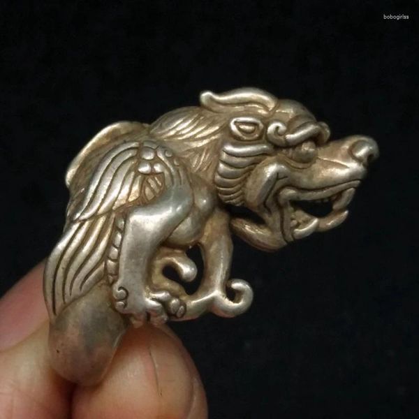 Figurines décoratives Collection Antique chine Tibet argent sculpture Dragon Statue anneau merveilleux cadeau