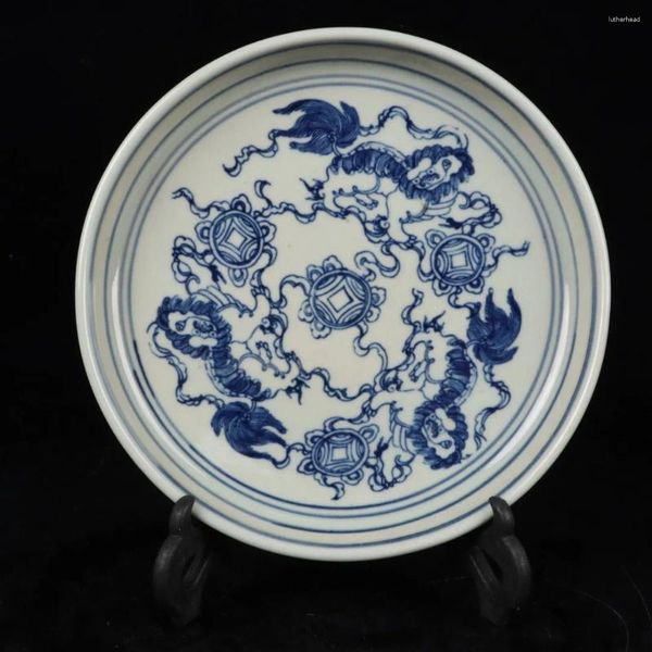 Figurines décoratives Porcelaine antique Bleu et lion blanc Rolling Bold Ball Pattern Plate Plate Ornement