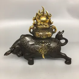 Figurines décoratives antique en cuivre pur Gilding zodiaque vache ornements argent corne d'abondance fortune comme la décoration du salon arc-en-ciel