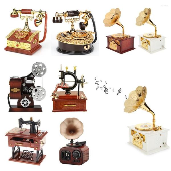 Figuras decorativas Caja de música de madera antigua Caja de música retro Phonógrafo Regalos creativos Home Classic Ornament Kids Toy