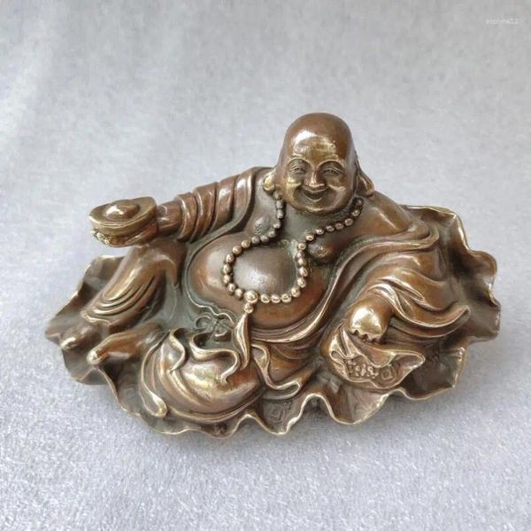 Figuras decorativas Archaize Brass Sit Lotus Leaf Maitreya Buda Estatua de manualidades pequeñas