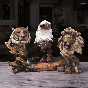 Figurines décoratives Art Animal Head Statue créative Imitation Racine de bois Sculpture Horse Figurine Lion Tiger Wolf Eagle Resin Crafts Home