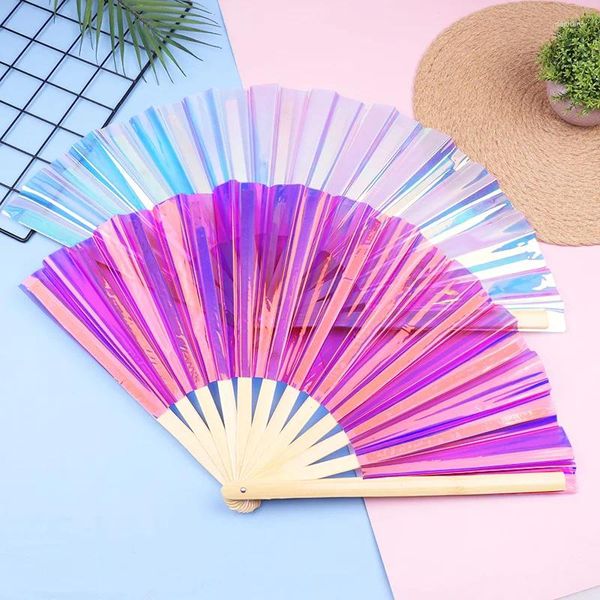 Figurines décoratives Bamboo Bone fan pvc vierge pliant pliant de style chinois Dance Laser Couleur de Taichi Plain Morning Exercice DIY CRAFIT