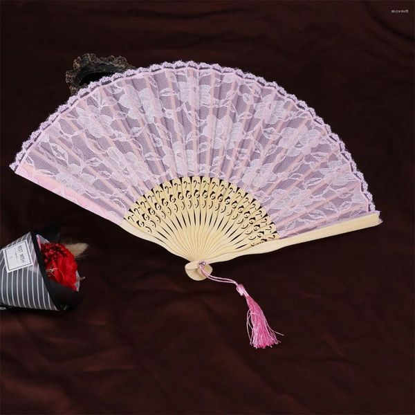 Figurines décoratives Bamboo Vintage ventilateur élégant Fans de dentelle pliante chinoise (rose)