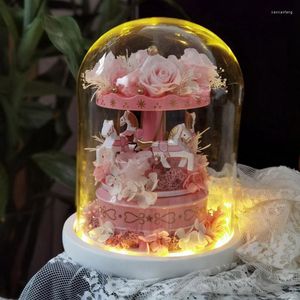 Decoratieve beeldjes Big Deal Carousel Music Box Immortal Flower Glass afgewerkt ornament Birthday Bruiloft Gift