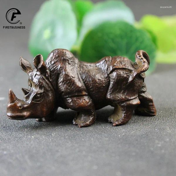 Figuras decorativas Big Pure Cobre Lindo Rinoceronte Miniaturas Solid Vintage Brass Rhino Ornaments Tea Mascas de escritorio Decoraciones Artesanía