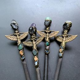 Figurines décoratives Black Booden Stick Citrine Crystal Fairy Wand Pharaon Egyptien Pendant Résine Bronze Artisanat Perles en pierre Sceptre 1PC