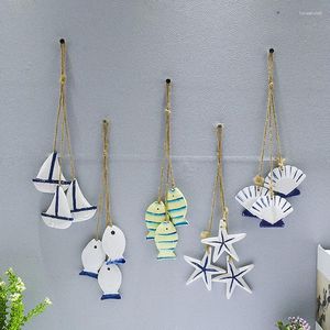 Figurines décoratives océan bleu petit pendentif en bois Style méditerranéen accessoires pour la maison artisanat étoile de mer pétoncle petit filet de poisson suspendu