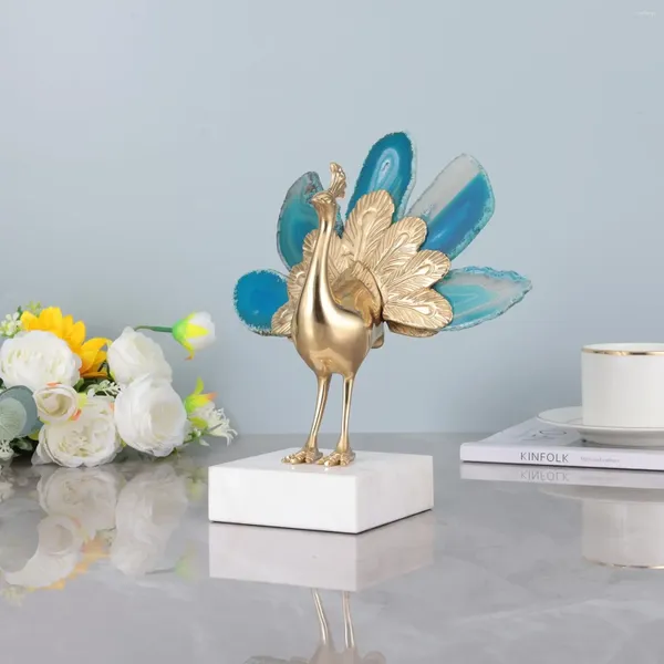 Figurines décoratives Statue de paon en minerai bleu décor en laiton animaux oiseaux pour Art moderne décorations pour la maison décoration salon petite étagère