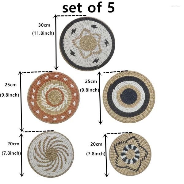 Figurines décoratines Boho Wall Panier décor Ensemble de 5 plats plats à rozer en osier tissé en osier pendant suspendu à la main