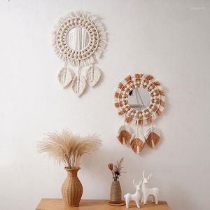 Figurines décoratives Boho, miroir mural suspendu, tapisserie en macramé avec perles en bois, corde en coton, miroirs de maquillage ronds pour