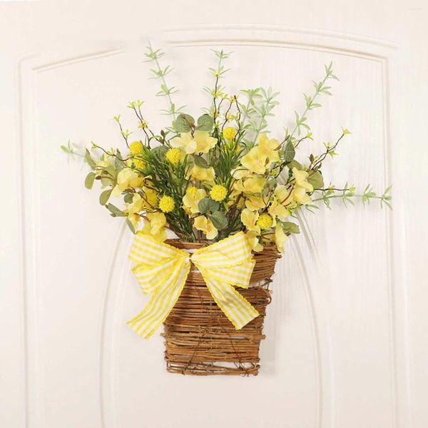 Figurines décoratines Border Flower panier de printemps mur suspendu Garland Home Simulation Porte de rotin en bois pour l'avant