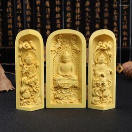 Figurines décoratines Boxwood sculpture jeu avec petit Bouddha Box Figure Car Decoration rétro trois statues de décoration gothique créative ouverte