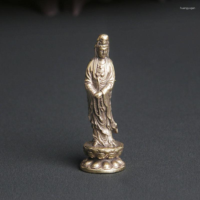 Estatuetas decorativas de bronze chinês kwan-yin guan yin buddha requintado pequenas estátuas caseiras decoração bugigangas