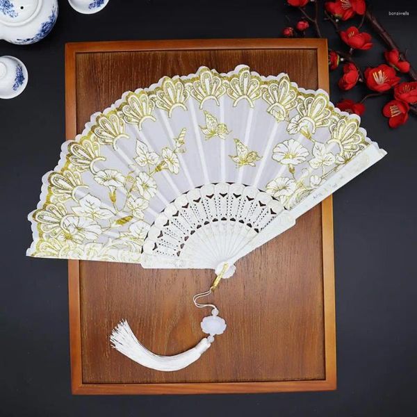 Figurines décoratives ventilateur de couleur vive avec glands élégant pliage de papillon floral de soie chinoise pour les mariages danses luxe