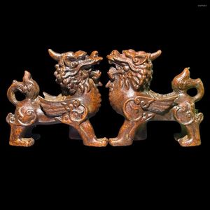 Figuritas decorativas, té de bronce, mascota Kirin, un par de adornos, bandeja de cobre, mesa, decoración del hogar Feng Shui