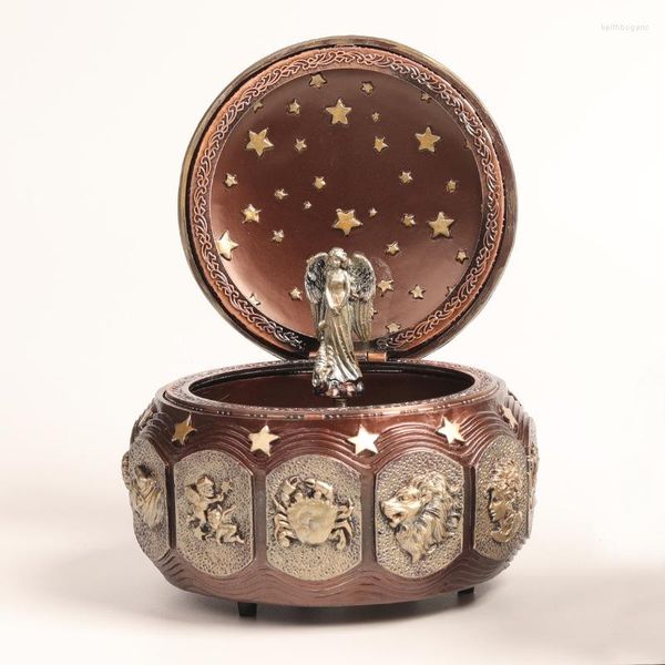 Figuritas decorativas caja de música luminosa del zodiaco de bronce Ángel giratorio 12 cajas de constelaciones con luz LED Navidad cumpleaños San Valentín