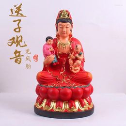 Figurines décoratines Bouddha Vêtements rouges tendus en enfants Boy-filles Twins Lotus Base Resin Home Avalokitesvara Ornement Guanyin Bodhisattva