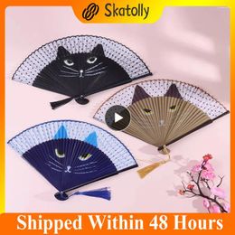 Decoratieve Beeldjes Kat Chinese Cartoon Zijde Modieuze Stijl Hand Fans Mooie Kitty Fan Handheld Opvouwbare Kwastje Vrouwen Meisjes Show